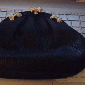 Vtg 70's Ashneil Black Evening Bag Clutch Gold Bow rhinestone Accent
